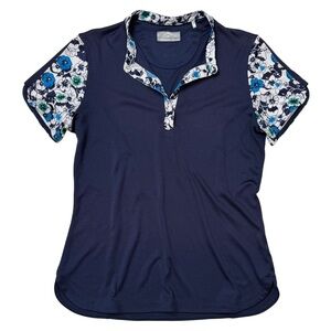 {Callaway Opti Dri} Navy Blue Floral Quarter 1/4 Snap Button Closure Golf Polo